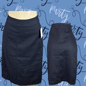 Ellen Tracy +22W Navy Blue 100% Linen Side Zip Seam Detail Midi Length Skirt